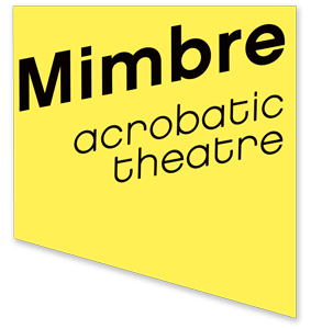Mimbre Acrobatic Theatre logo text in black on Yellow background.